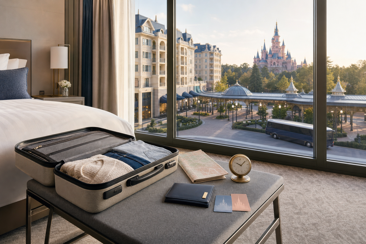 A neatly packed suitcase on a hotel room bench overlooks a scenic view of a castle and surrounding buildings.