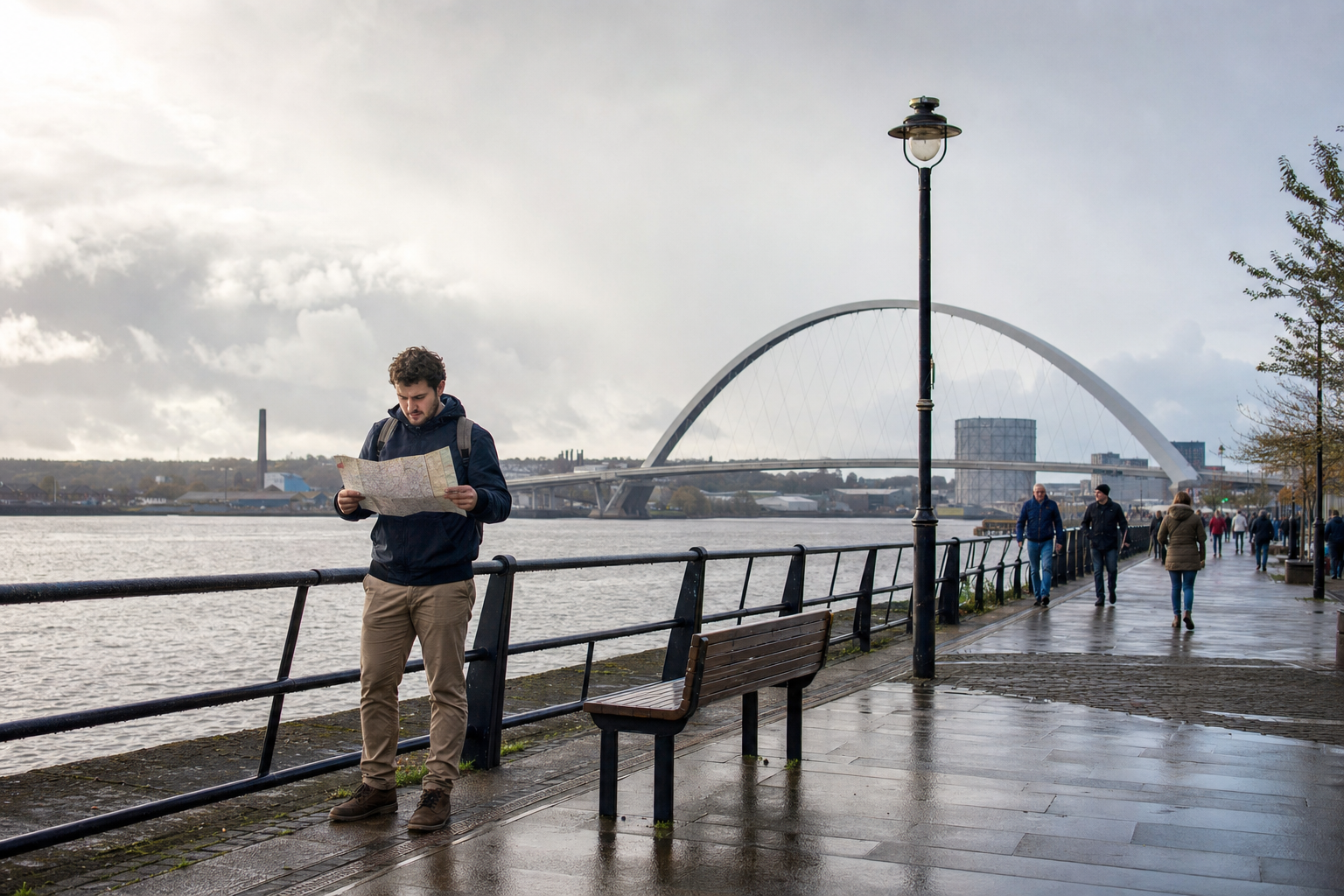 A man stands by a riverside, reading a map, with an arched bridge and a cloudy sky in the background.