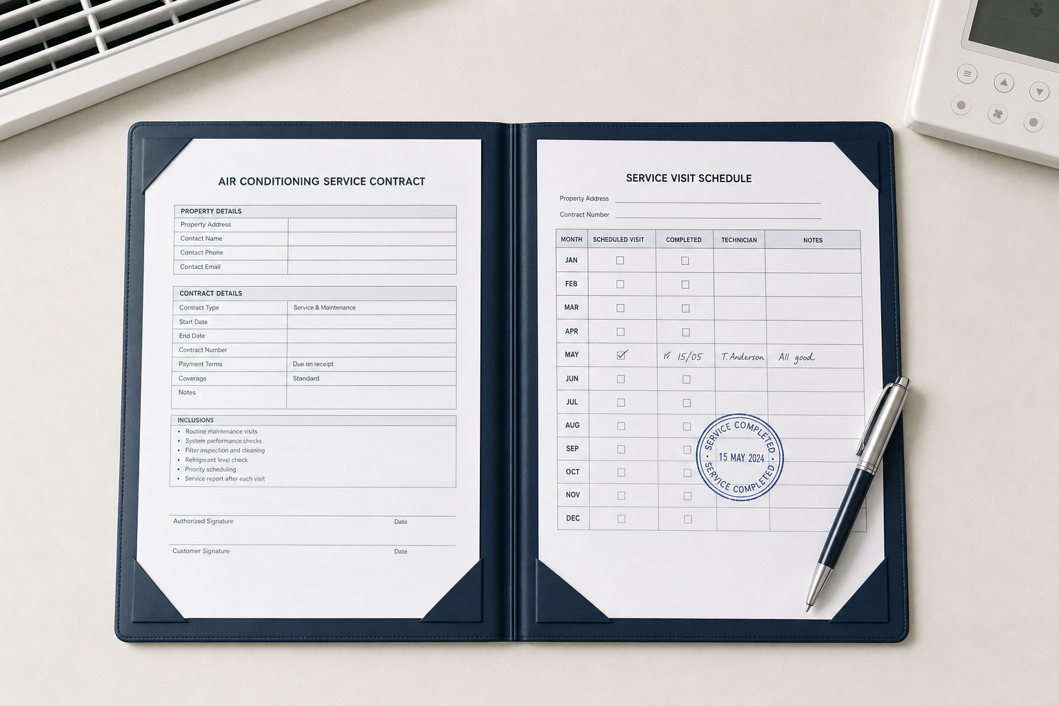 Air conditioning service contract with a completed schedule, pen, and thermostat visible on a desk.