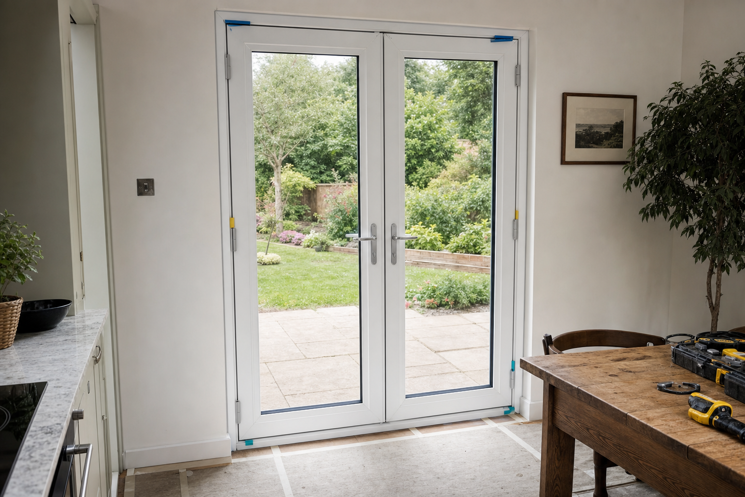 A pair of white French doors open to a garden, with a wooden table and tools visible inside the room.