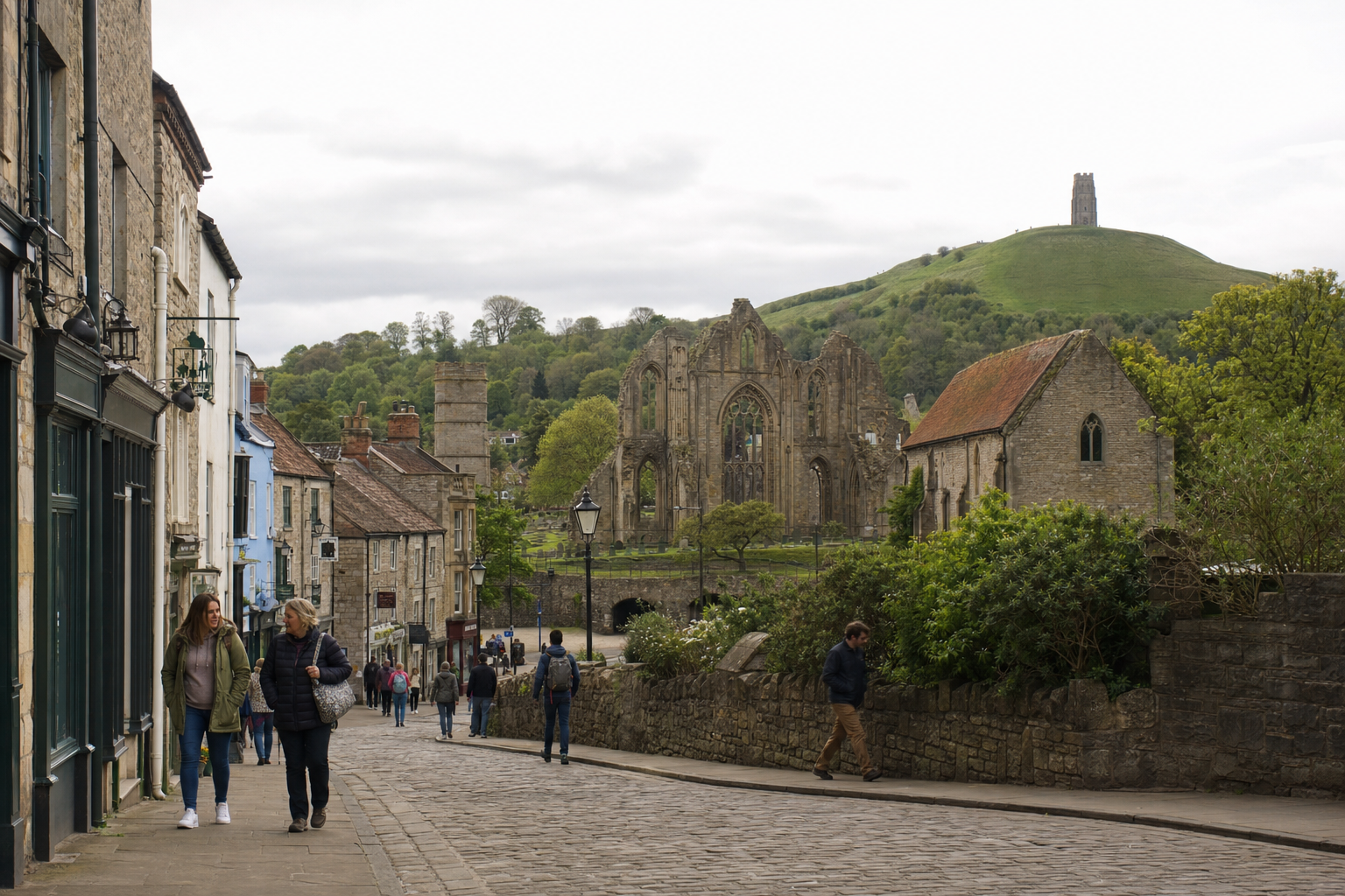 Cobblestone street with people walking, leading to ruins and a hill with a stone tower in the background.