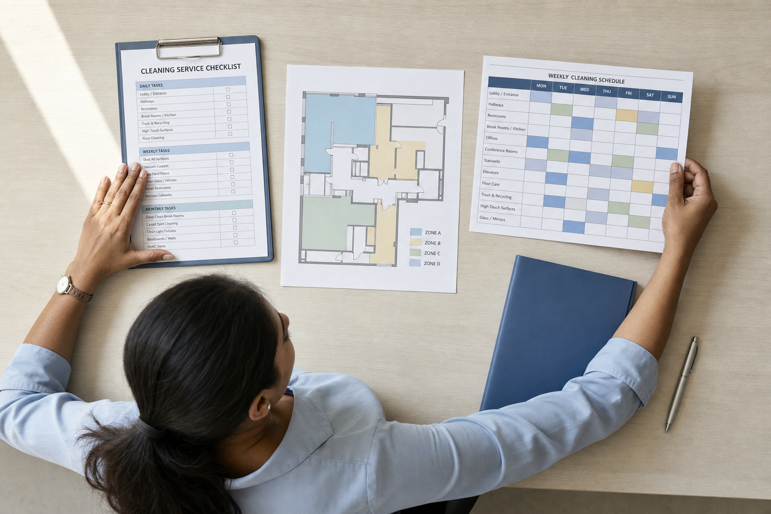 Person reviewing a cleaning checklist, floor plan, and schedule at a desk.