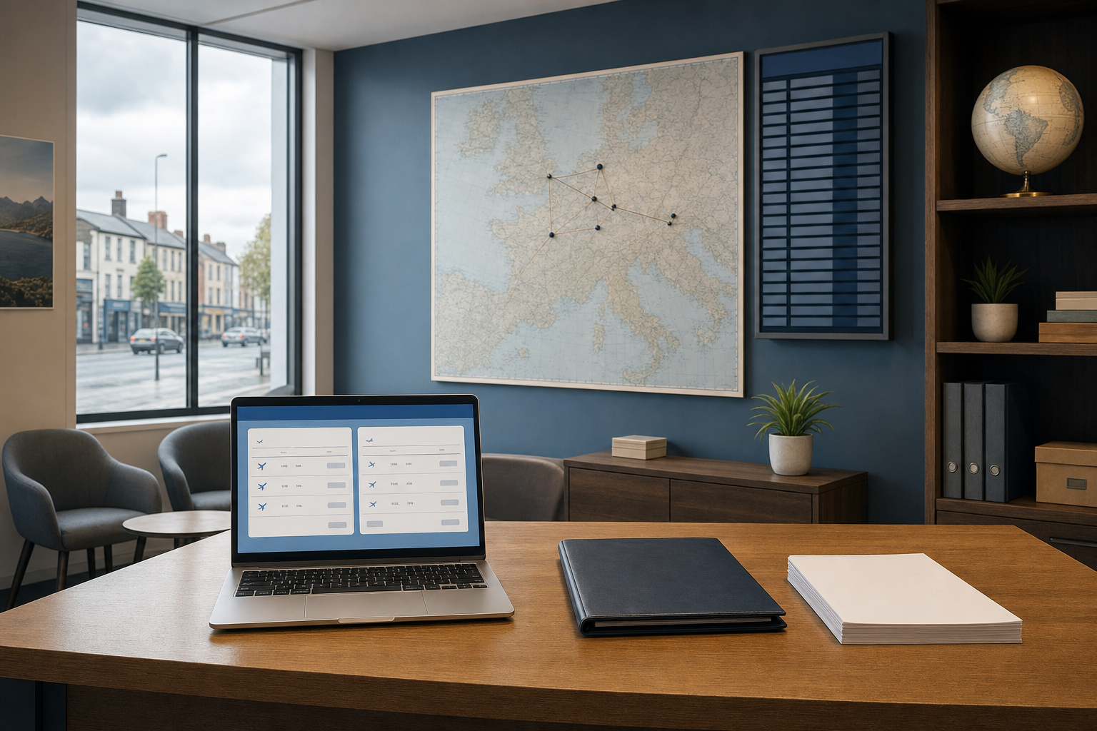 Office desk with an open laptop, a folder, a stack of papers, and a map of Europe on the wall.