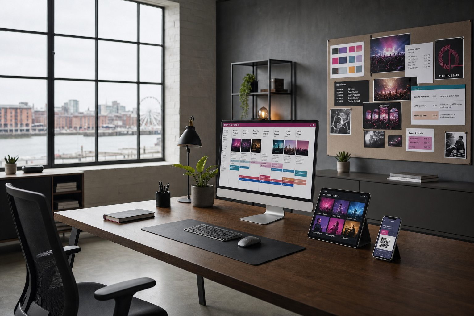 Modern office with a desktop computer, tablet, and smartphone on a wooden desk, overlooking a cityscape through a large window.
