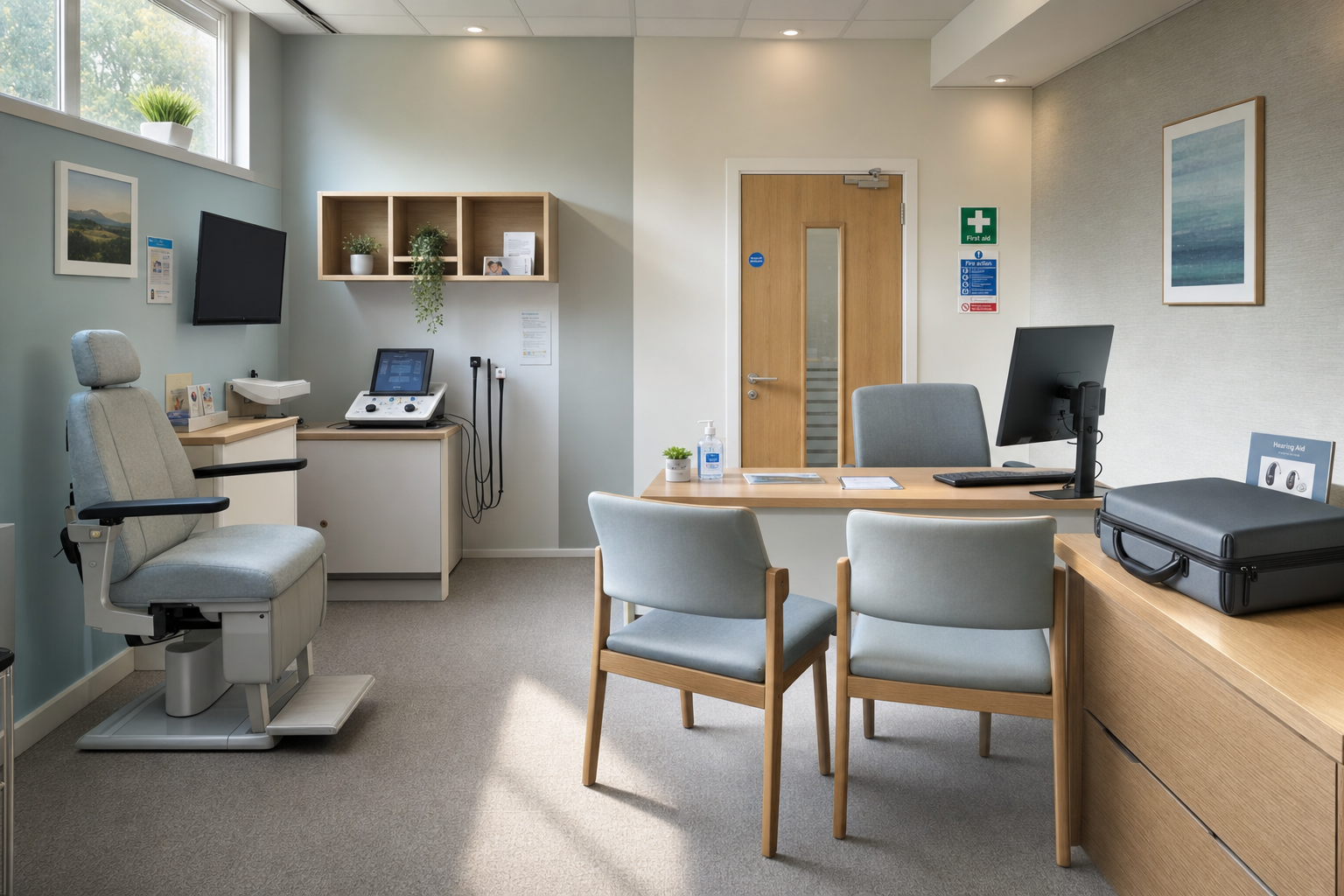 Modern consultation room with a comfortable examination chair, desk, computer, and medical equipment.