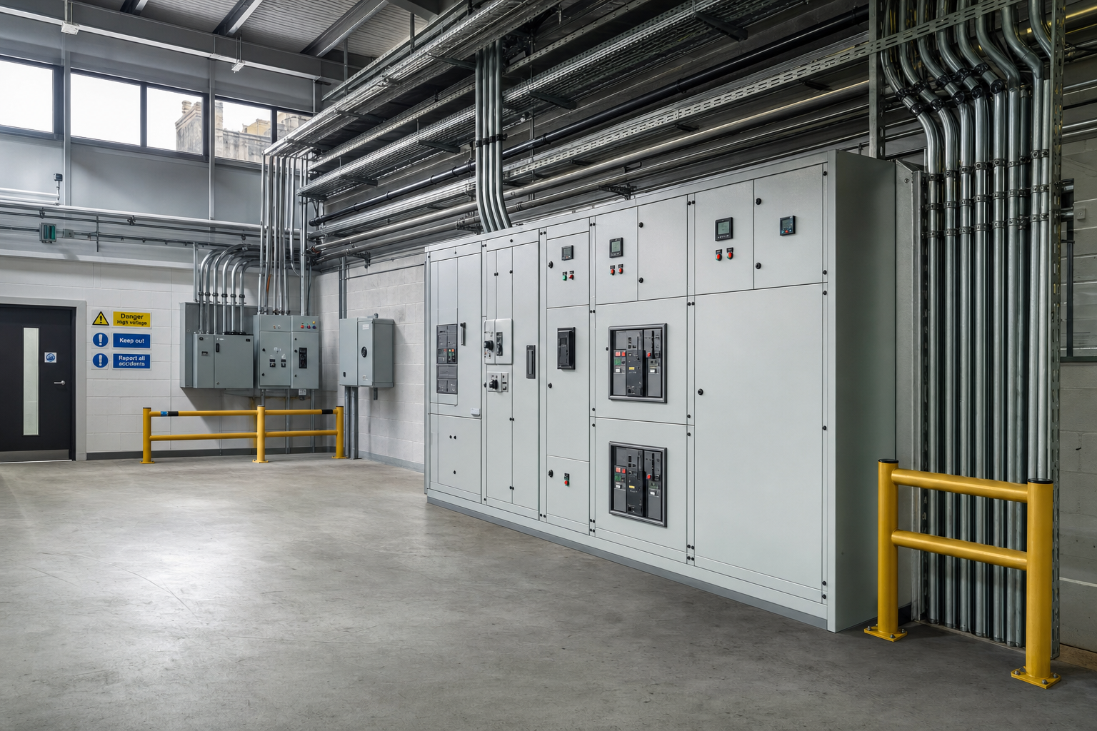 Industrial control room with grey electrical panels and warning signs in a spacious, well-lit environment.