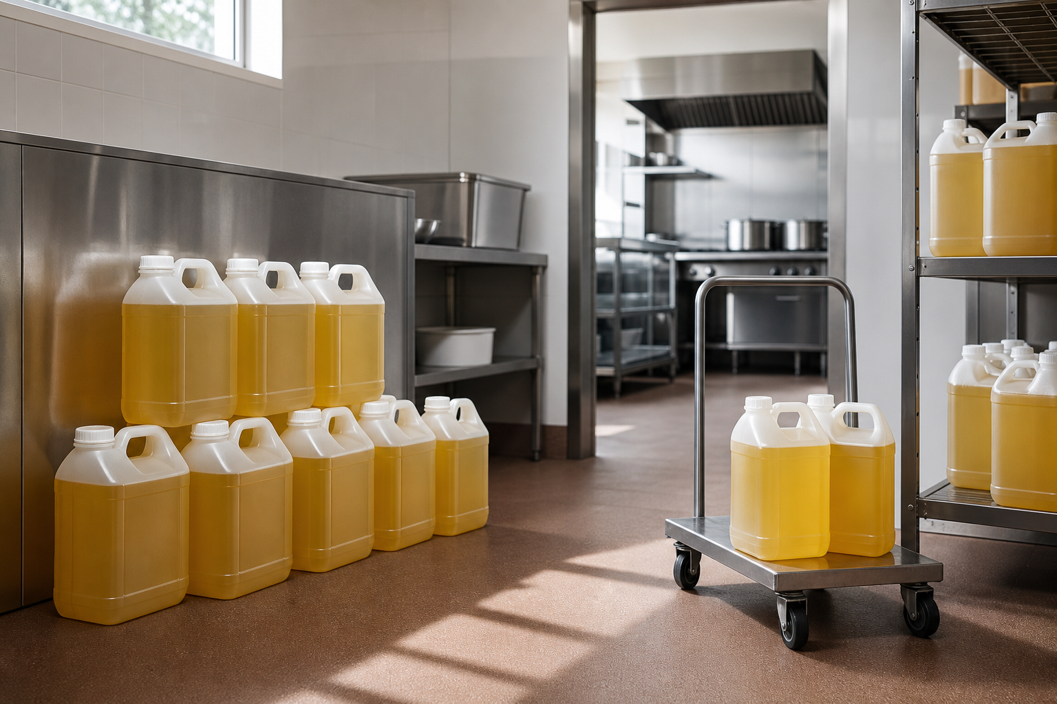 Containers of vegetable oil stacked on stainless steel counters in a commercial kitchen.