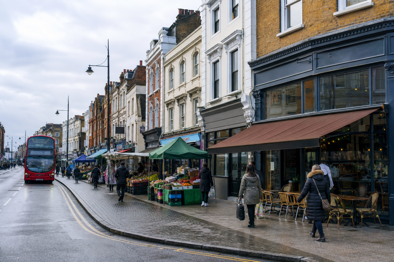 A red double-decker bus on a London street flanked by shops and market stalls in overcast weather.