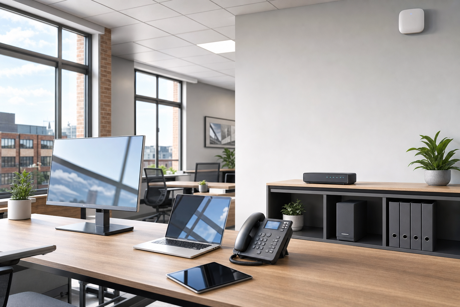 Modern office with a desktop monitor, laptop, phone, and tablet on a wooden desk, and large windows overlooking a cityscape.