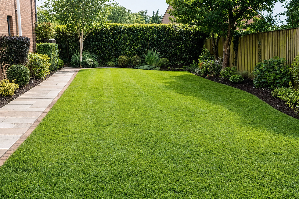 Well-maintained lawn with a paved path, bordered by hedges and plants, in a residential garden.