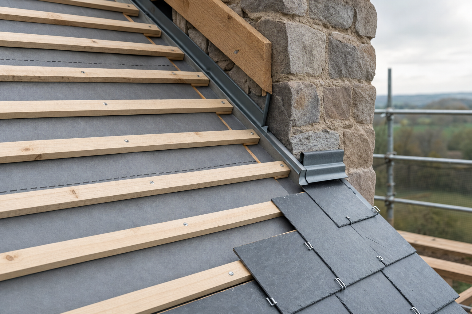 Slate roof under construction near a stone wall with wooden battens and metal detailing visible.