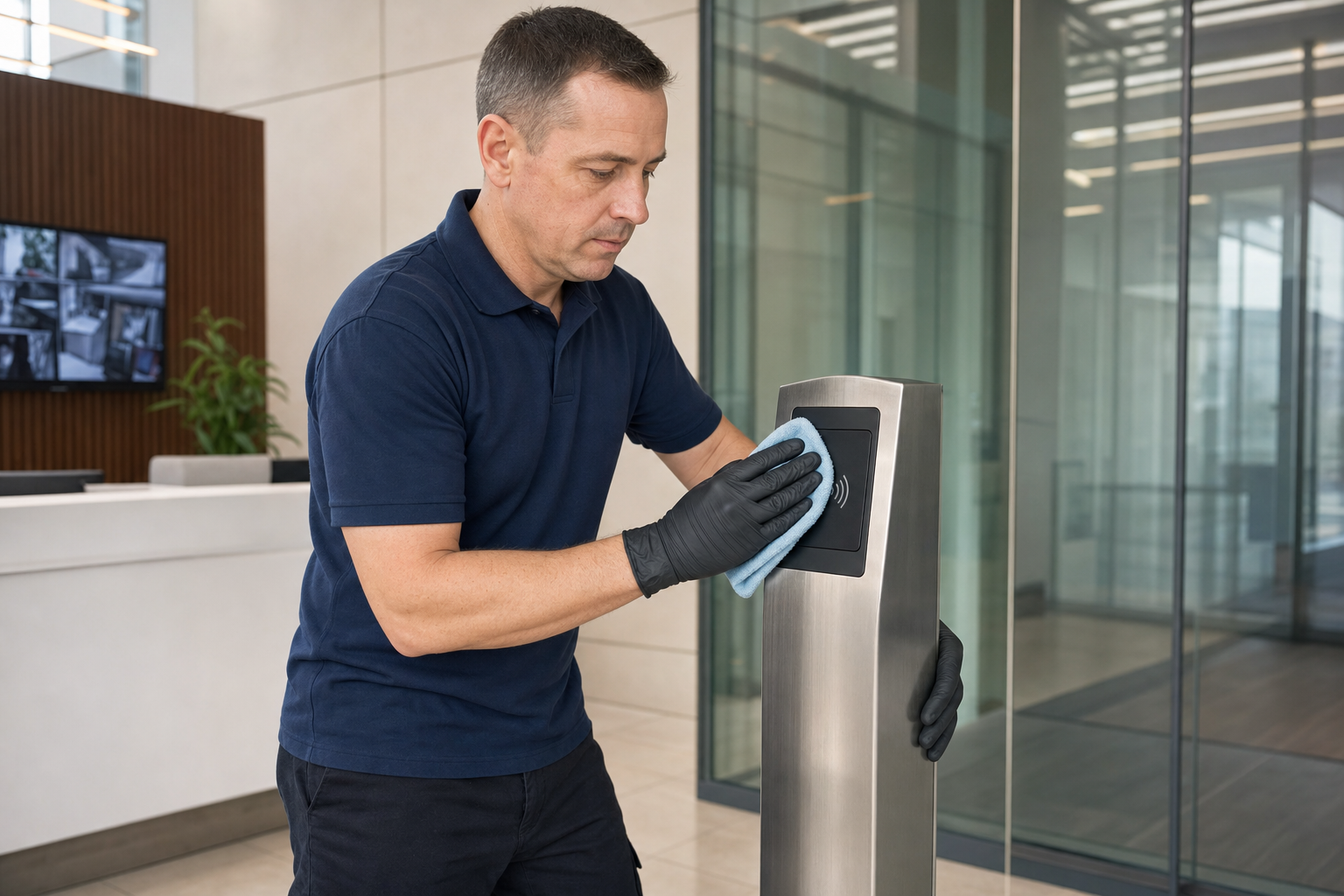 Man wearing gloves cleans a card reader with a cloth in a modern lobby.
