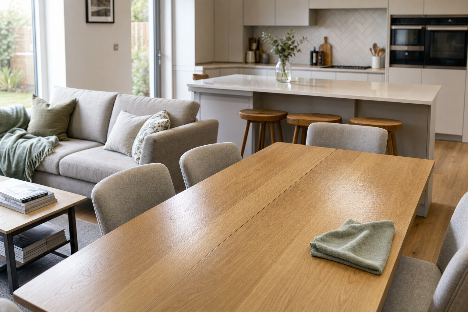 Modern open-plan living and kitchen area with neutral tones, featuring a wooden dining table and grey sofa.
