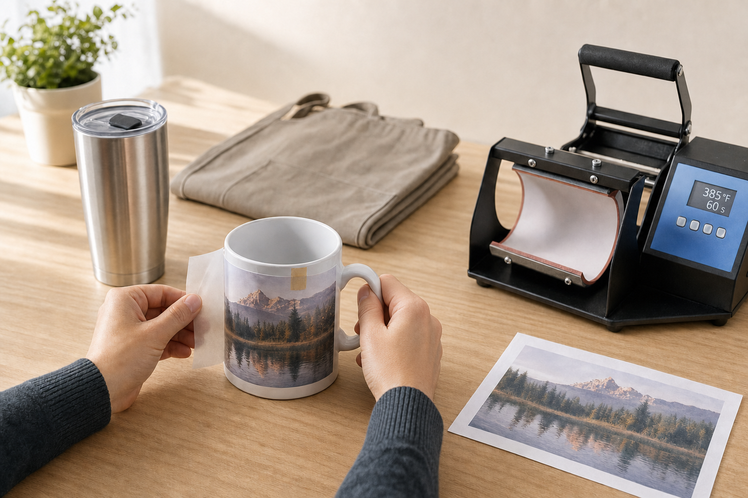 Hands placing a landscape image onto a mug beside a heat press machine on a wooden table.