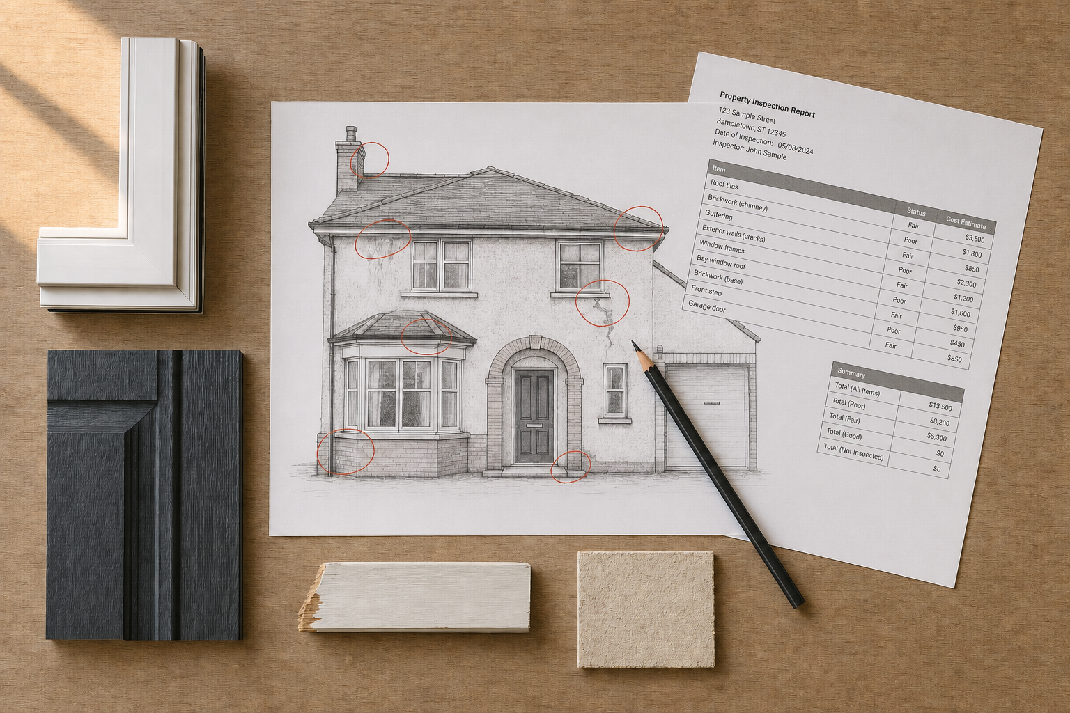 House inspection sketch with highlighted issues, material samples, and an accompanying report on a wooden table.
