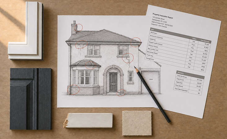 House inspection sketch with highlighted issues, material samples, and an accompanying report on a wooden table.