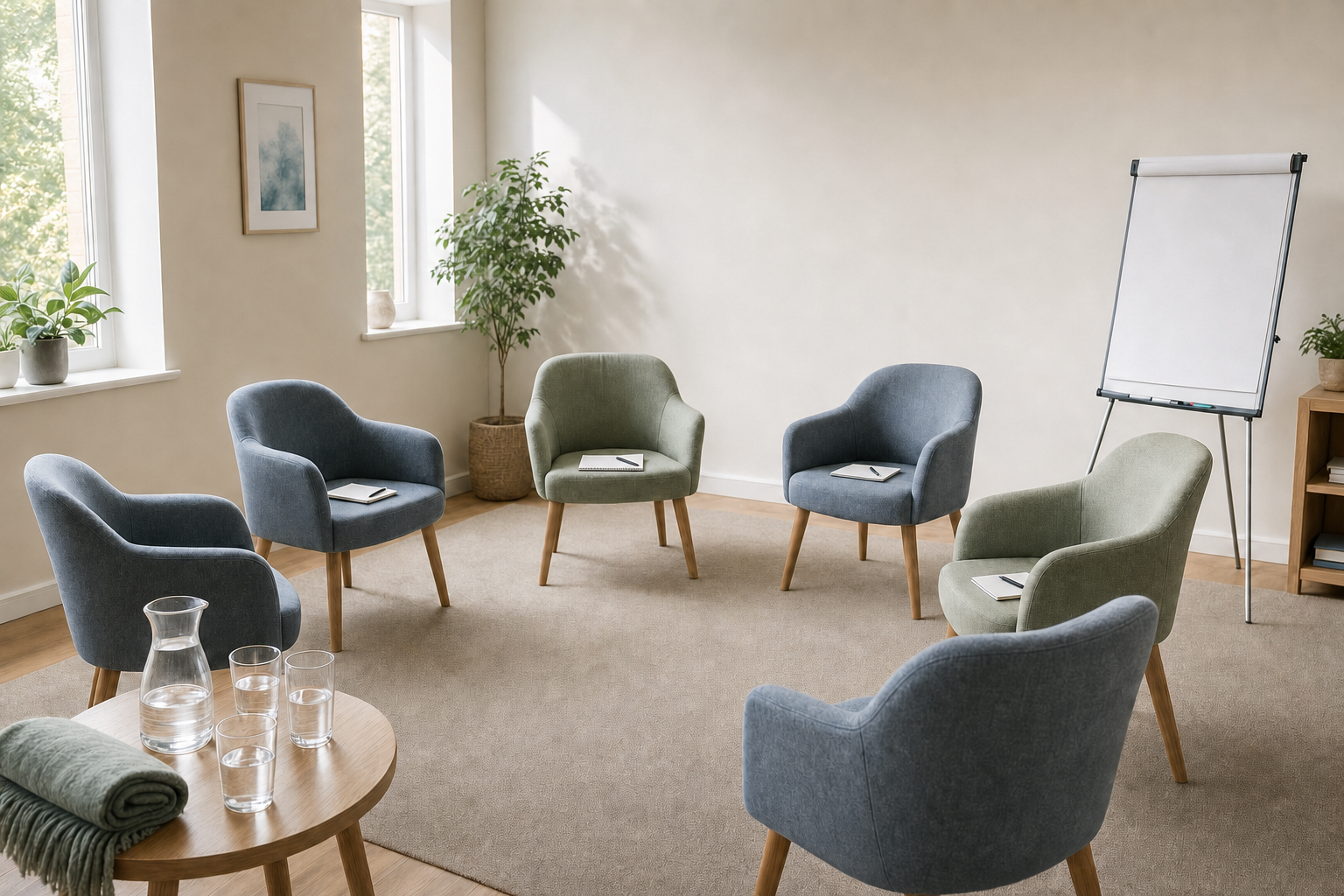 A circle of six chairs with notepads in a light-filled room with a flipchart and plants.