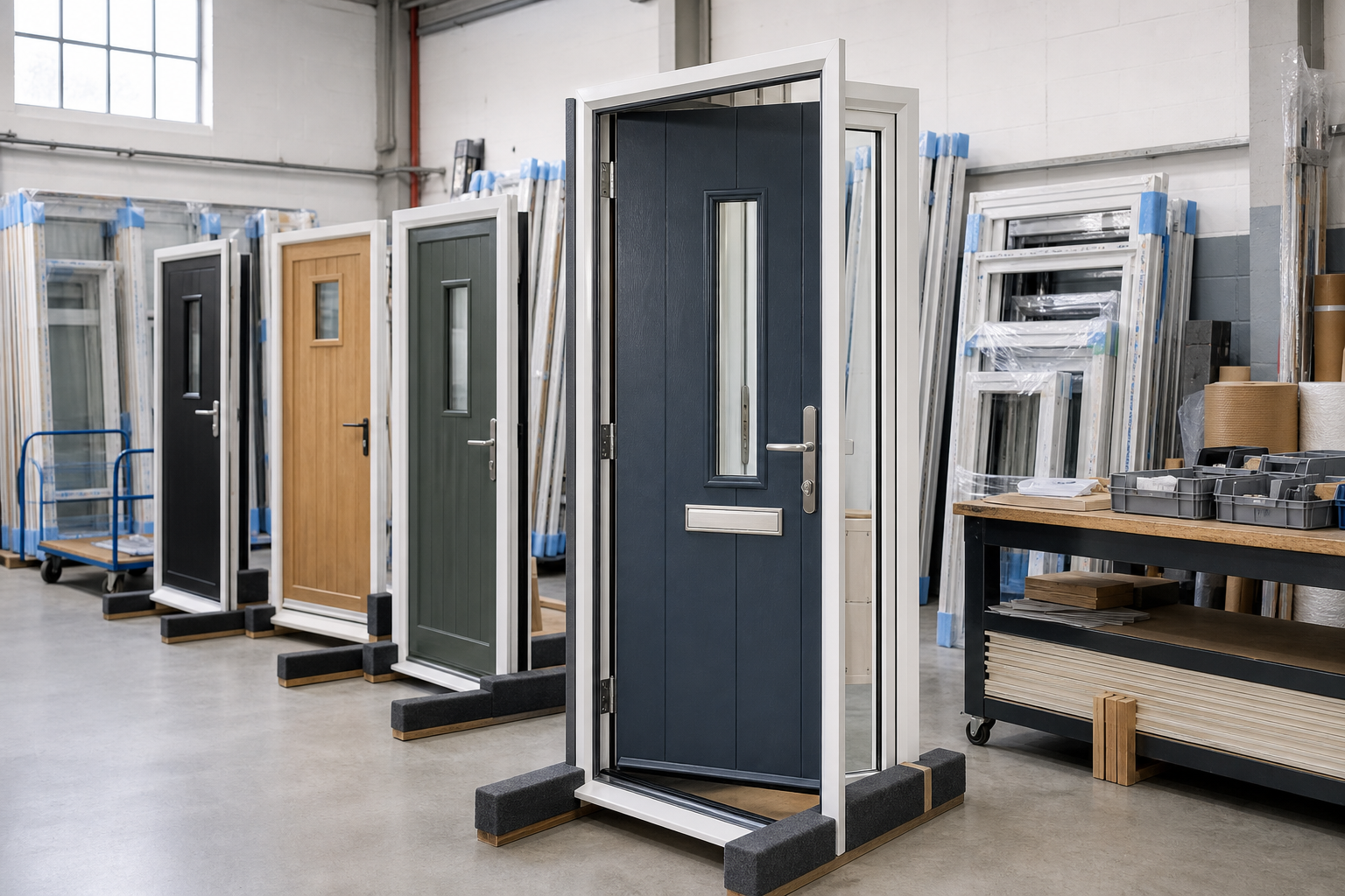 A row of display doors in different colors is set up in a workshop.
