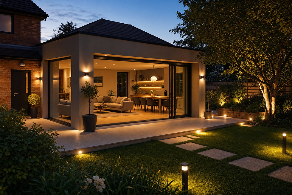 Modern home extension with large glass doors open to a well-lit interior space, surrounded by a landscaped garden at dusk.