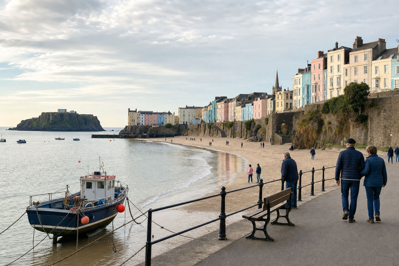 A couple walks along a seaside promenade with colourful buildings and a moored boat in the background.