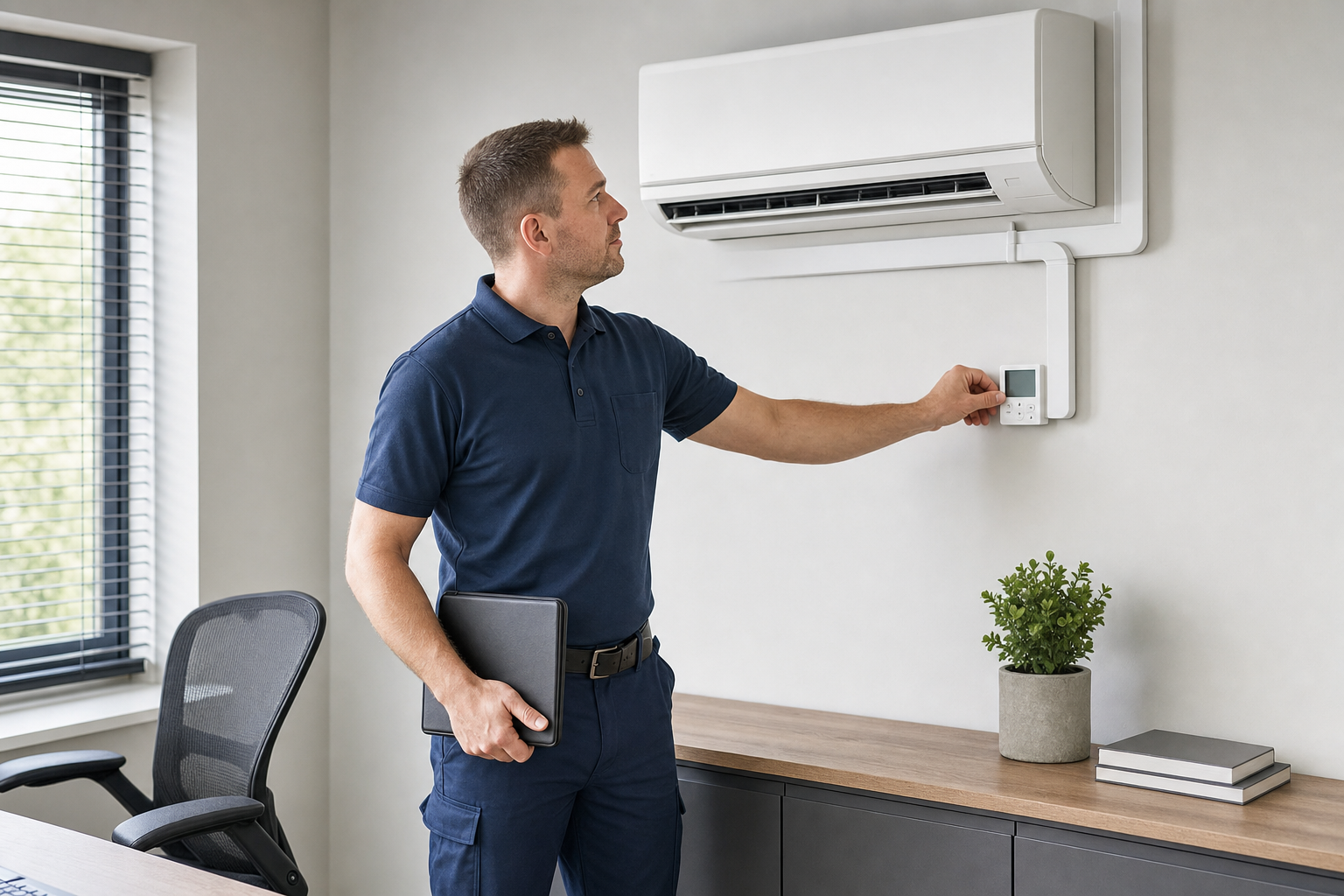 A man in a blue uniform adjusts the settings on a wall-mounted air conditioning unit in an office.