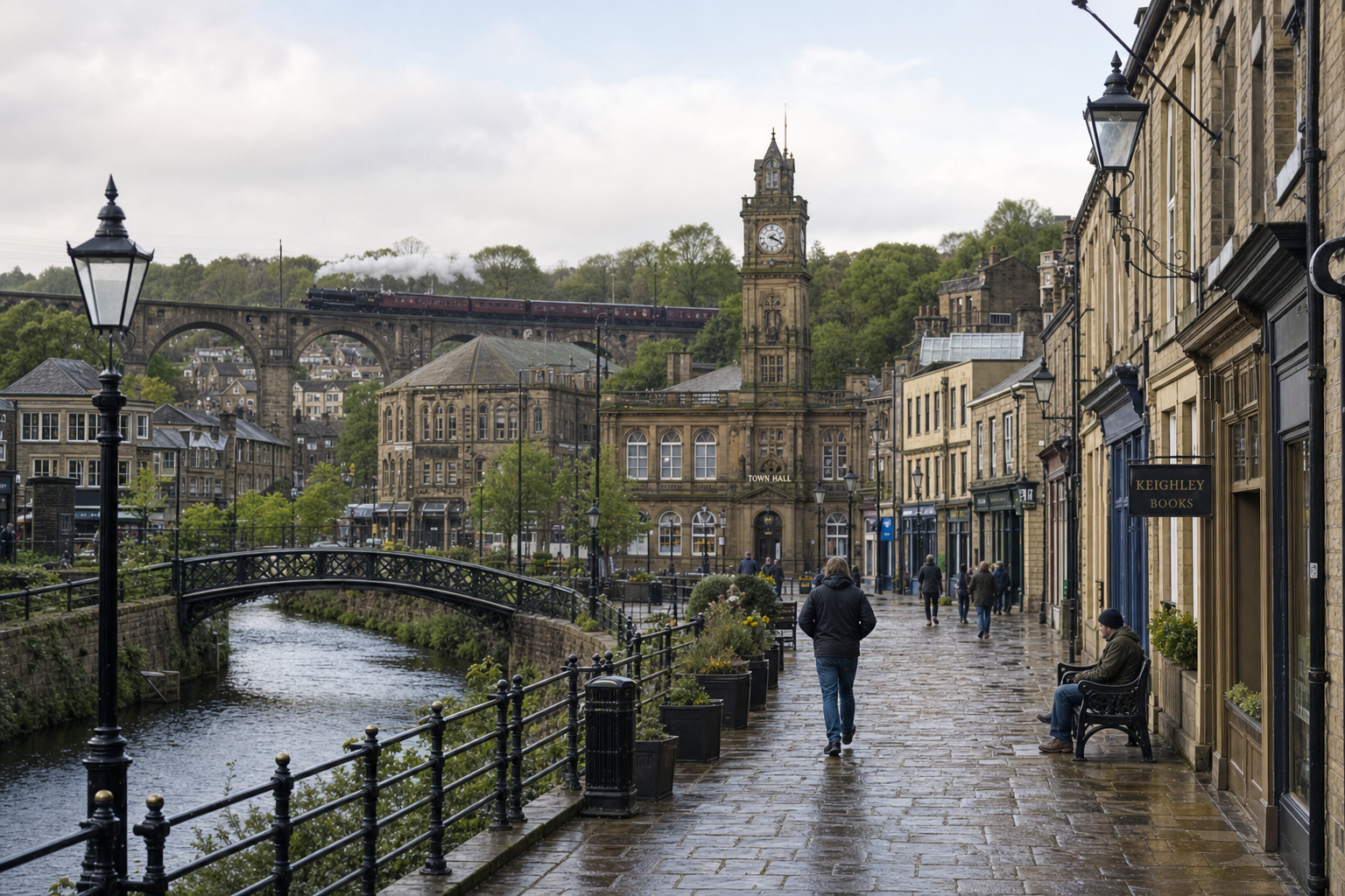 A steam train crosses a viaduct behind a historic town hall, with people walking along a riverside street.
