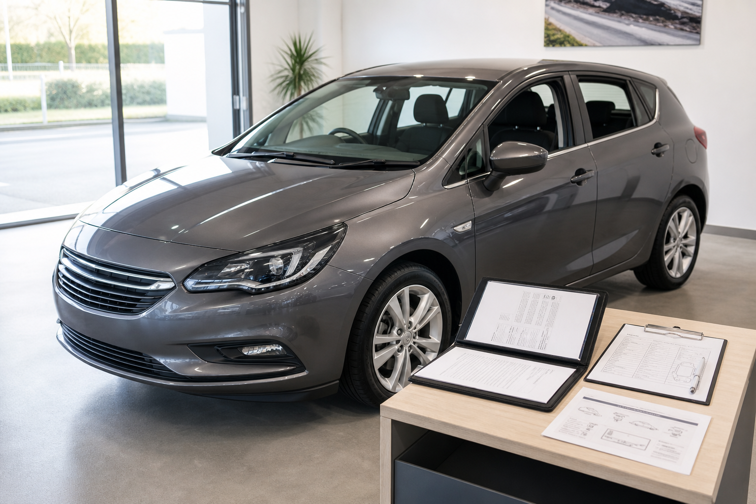 Gray car on display in a showroom next to a table with brochures and documents.