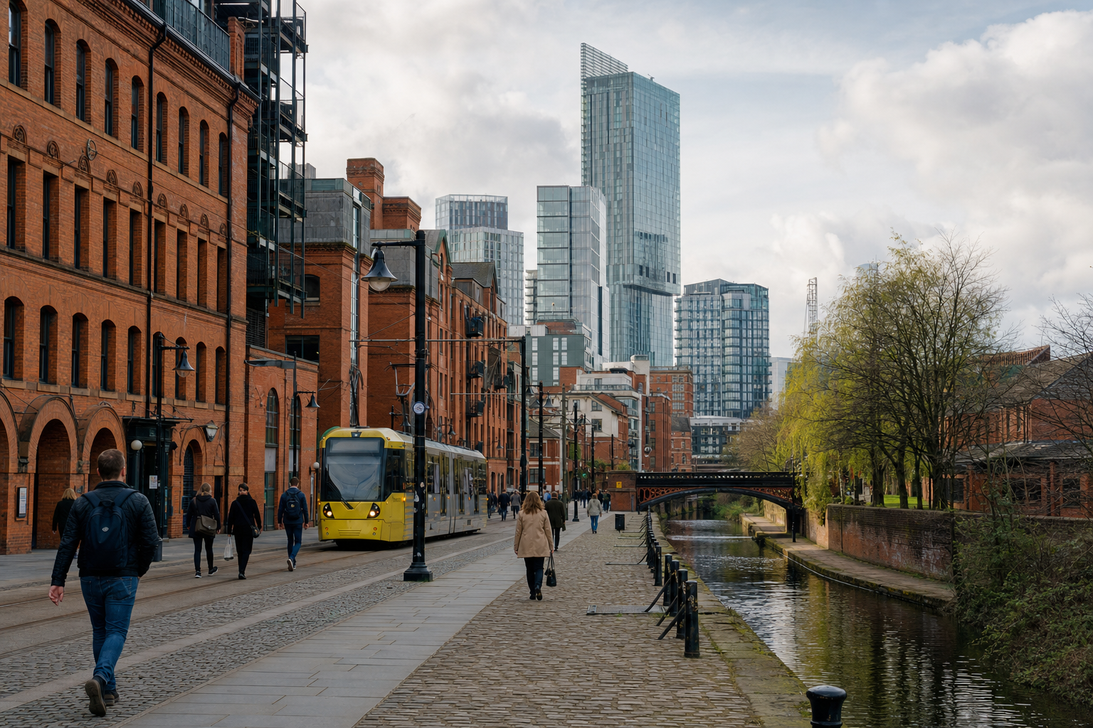 A yellow tram travels along a street lined with red brick buildings and a canal, with modern skyscrapers in the background.