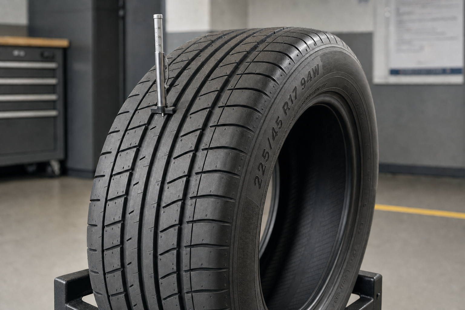 A car tyre with a tread depth gauge inserted, showing measurements in a garage setting.