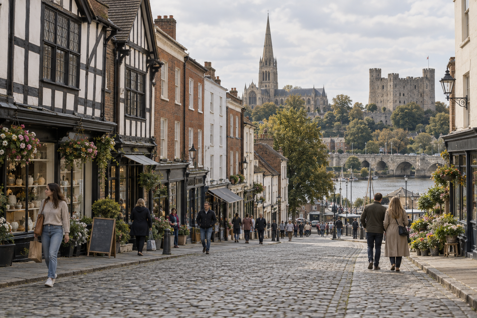 People strolling on a quaint cobbled street lined with shops, with a cathedral and castle visible in the distance.