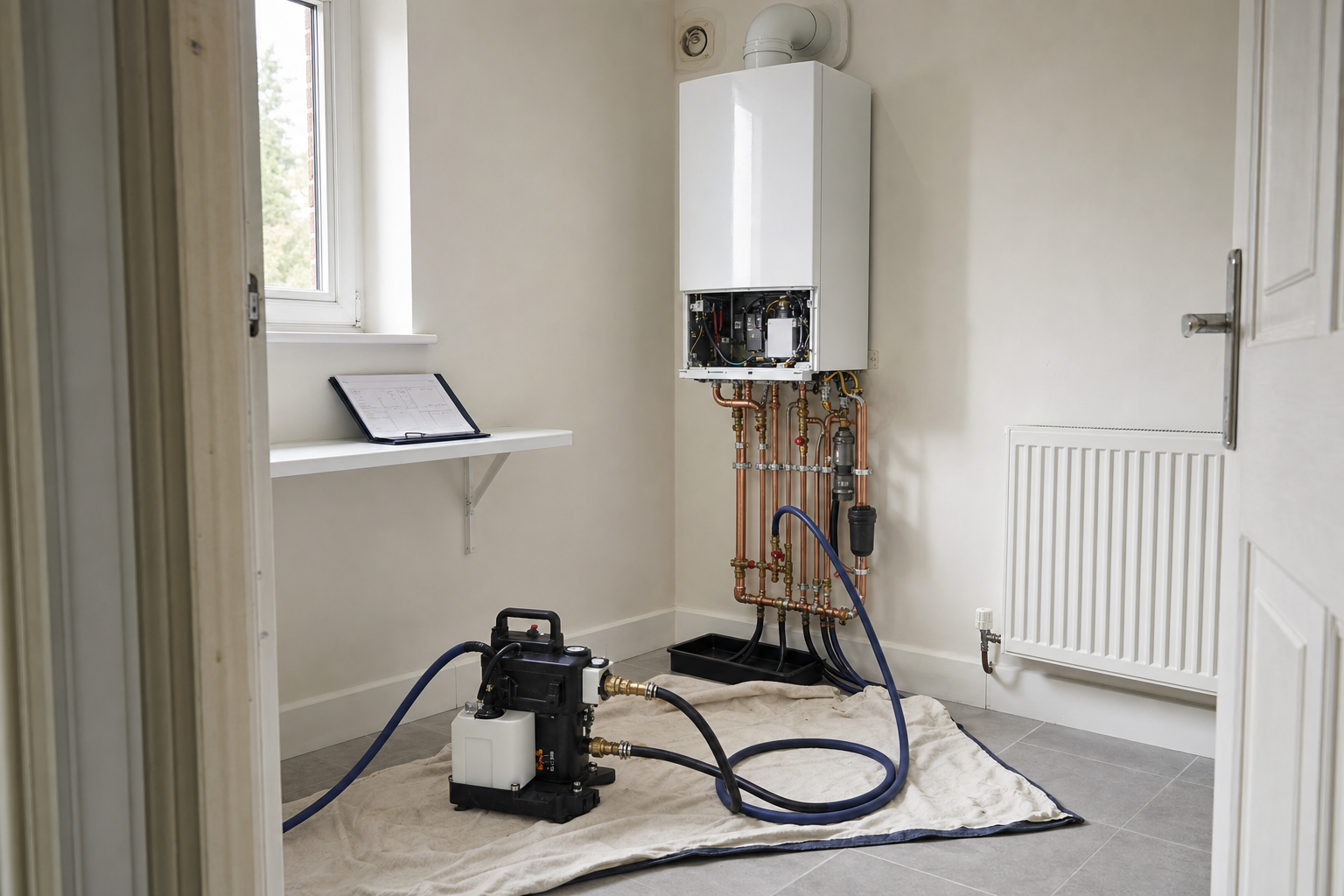 A boiler system in a utility room with a water pump connected, situated on a protective cloth.