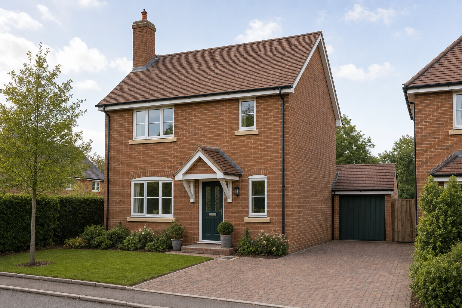 A red brick detached house with a green door, garden, and driveway leading to a garage.