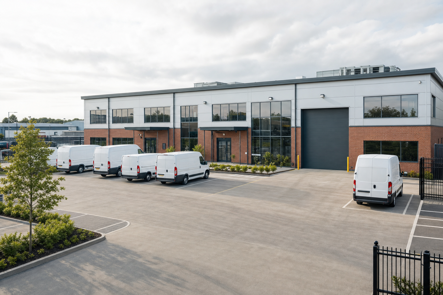 A row of white delivery vans parked in front of a modern industrial building on a cloudy day.
