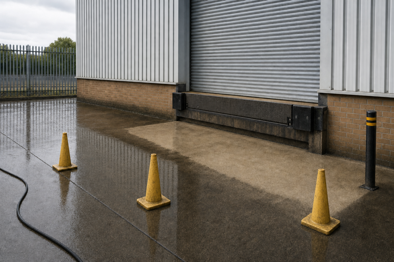 Three yellow traffic cones are placed in front of a wet loading dock with a closed shutter door.