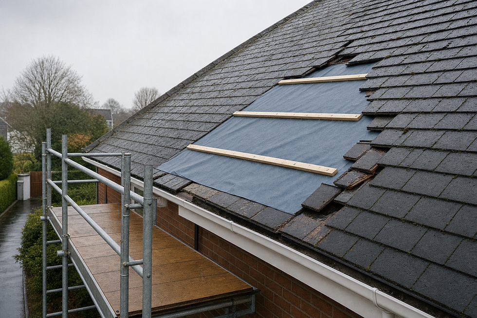 A slate roof under repair with a blue tarpaulin and wooden battens, accompanied by a scaffolding platform on a rainy day.