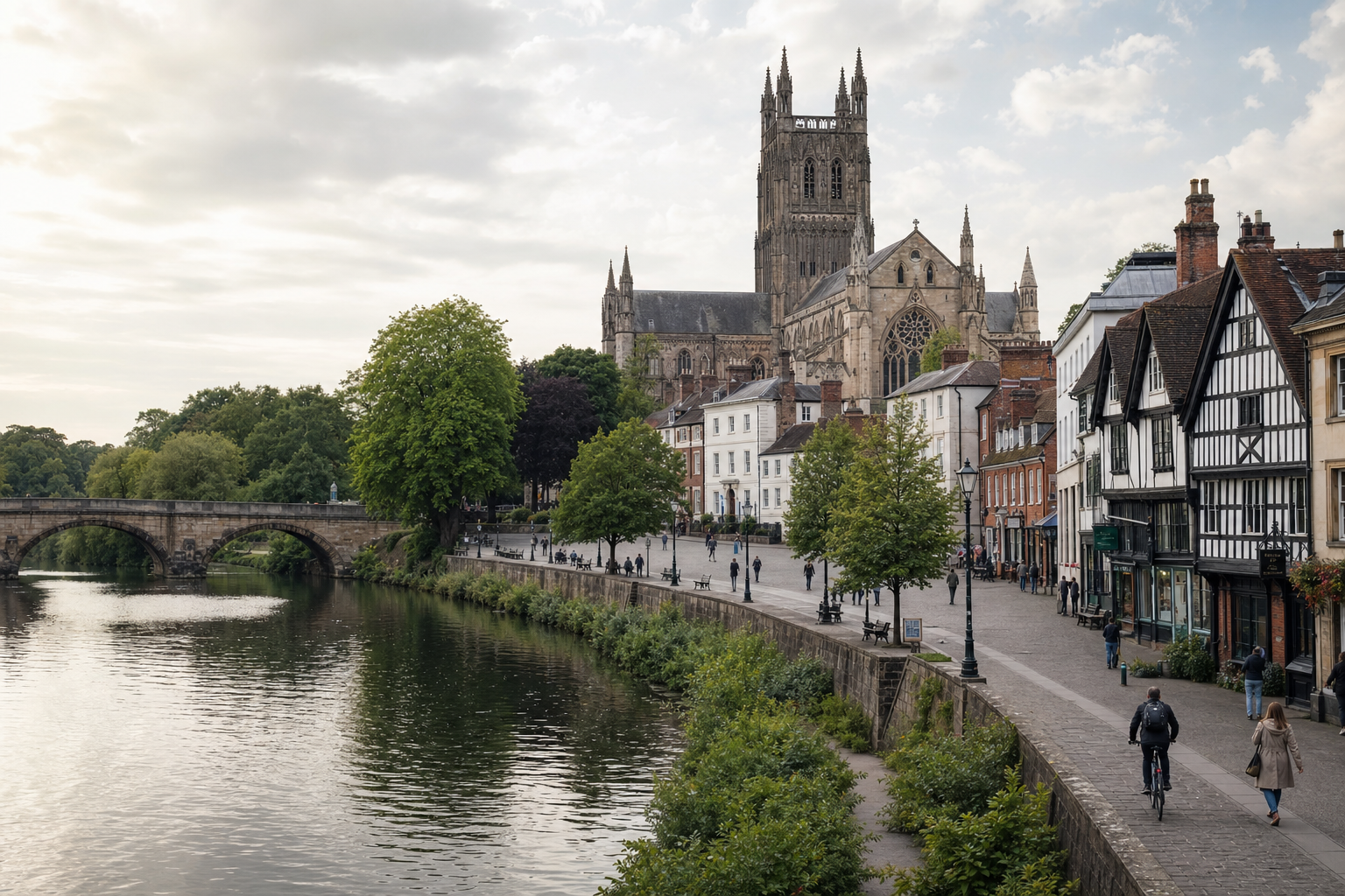 A historic cathedral towers over a riverside promenade lined with people walking and cycling.