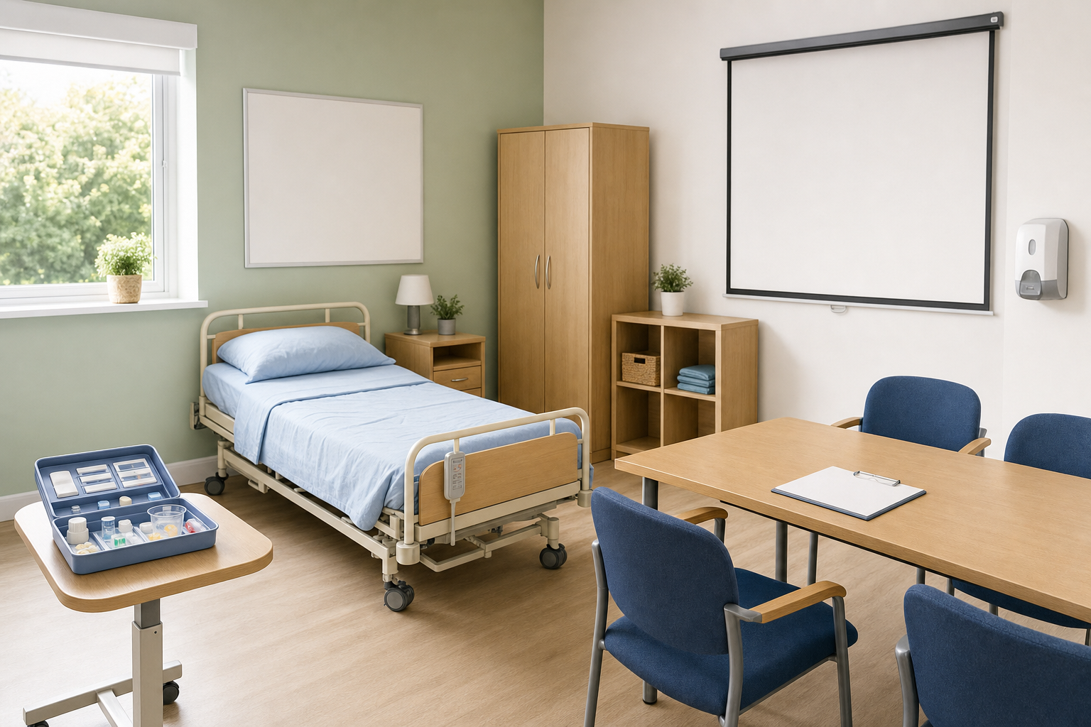 A tidy hospital room with a single bed, table with chairs, and a supply tray on a movable stand.