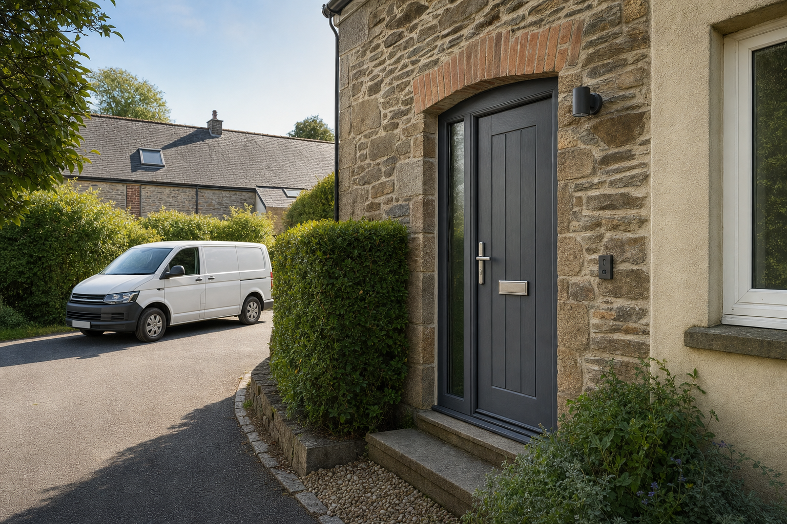 A modern grey front door on a stone house with a white van parked on a sunny residential street.