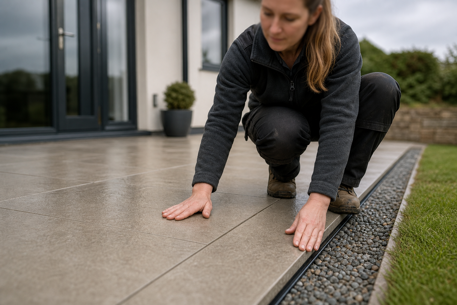A person inspects a smooth patio surface, bordered by a strip of pebbles and grass, near a modern building's glass doors.