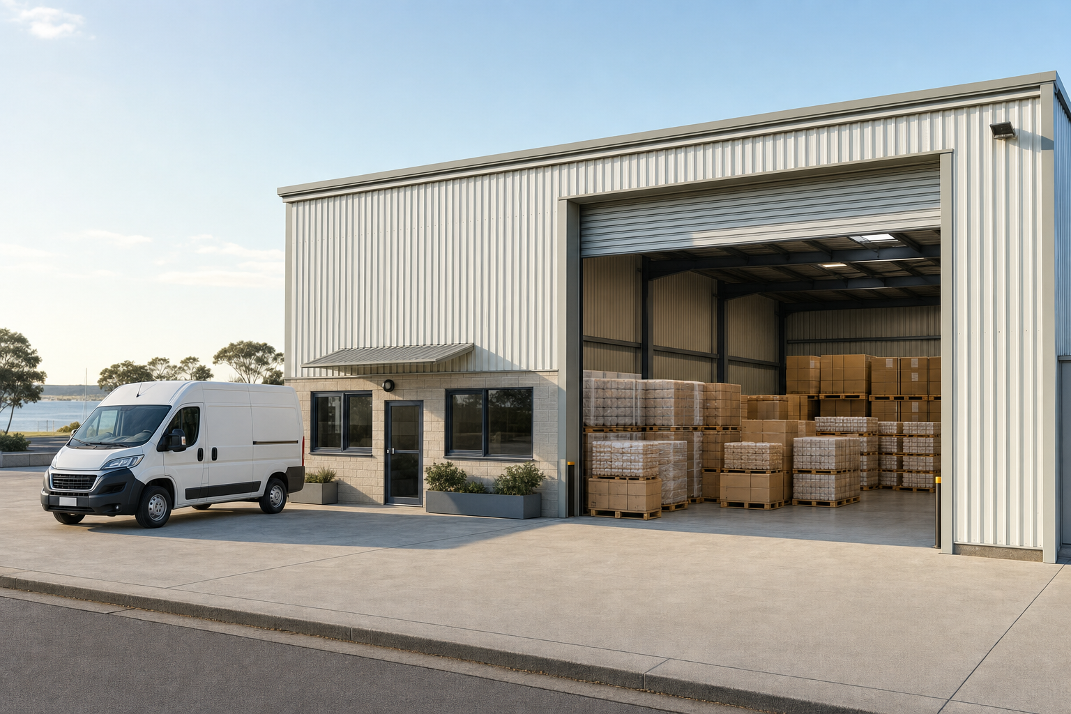 A white van parked outside a warehouse with stacks of pallets visible inside.