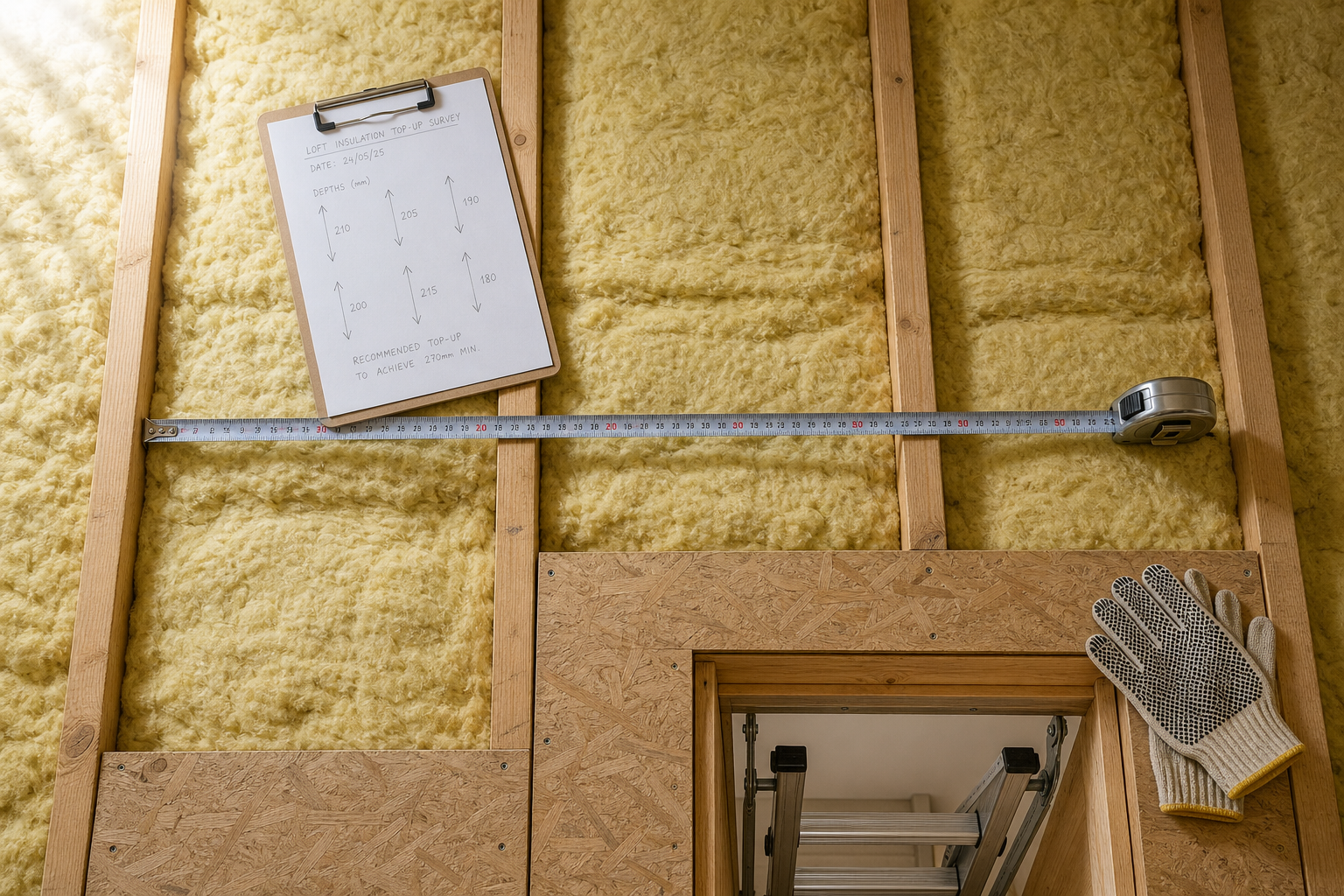 Loft insulation scene with a measuring tape, clipboard note, and work gloves beside an attic hatch and ladder.