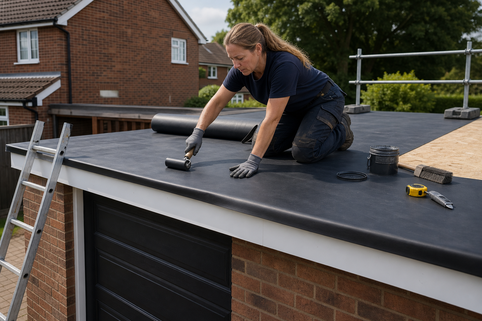 Person applying roofing material on a flat roof with tools scattered nearby.