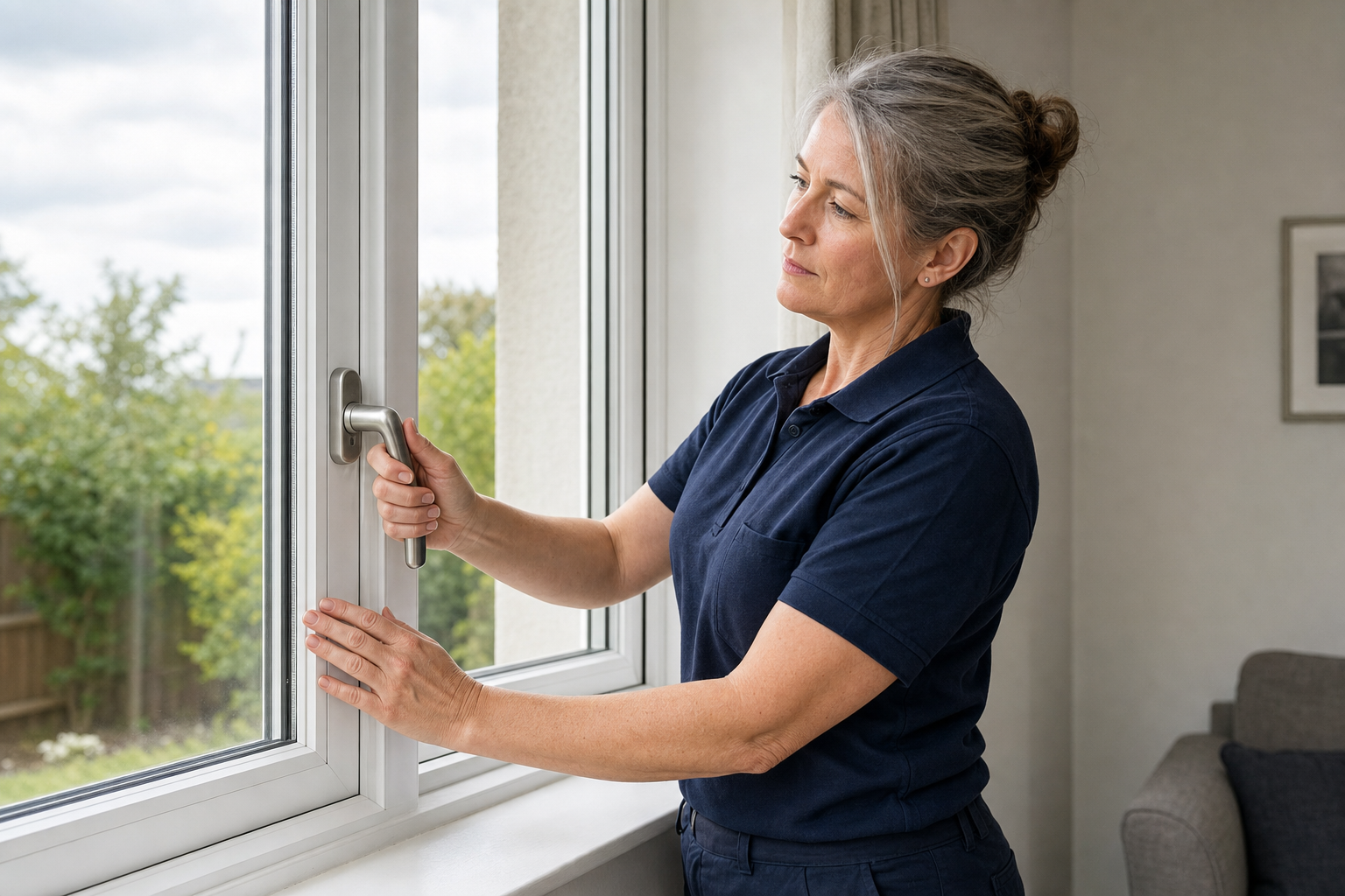A woman in a navy blue uniform checks the lock on a white window in a bright room.