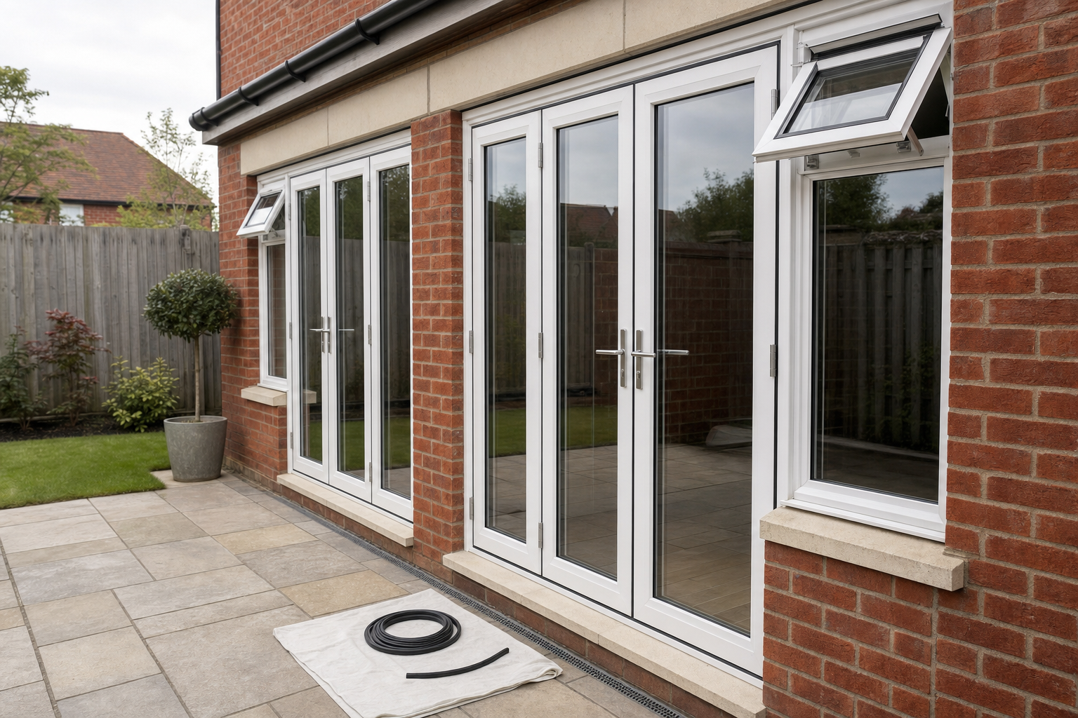 Bi-fold doors with white frames open onto a patio, with a coiled cable on a mat nearby.