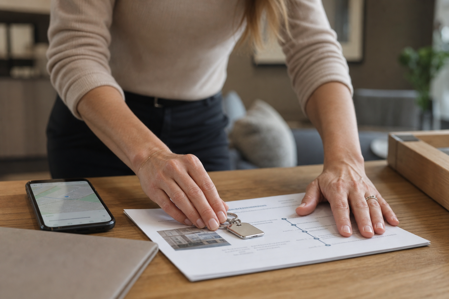 Person placing keys on a property document next to a mobile phone on a wooden table.