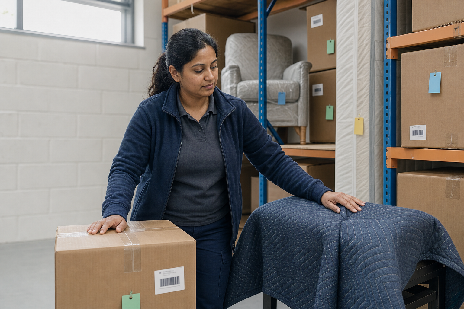A woman in work attire organises boxes and a covered item in a warehouse storage area.