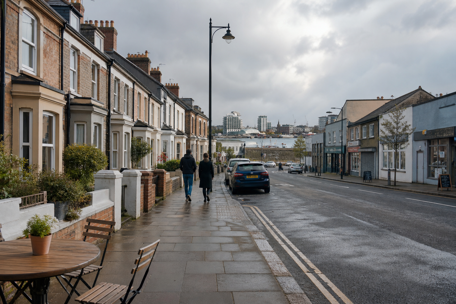 People walking on a wet pavement past terraced houses and parked cars under a cloudy sky in an urban area.