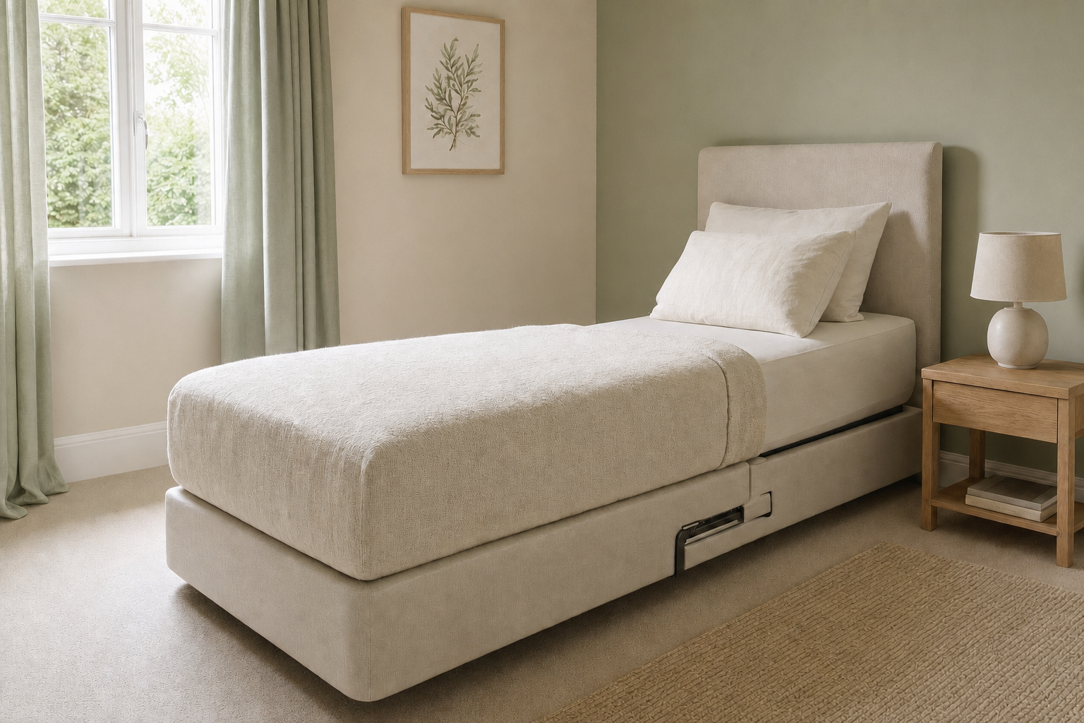 A neatly made single bed with light-coloured bedding in a cosy bedroom with a bedside table and lamp.