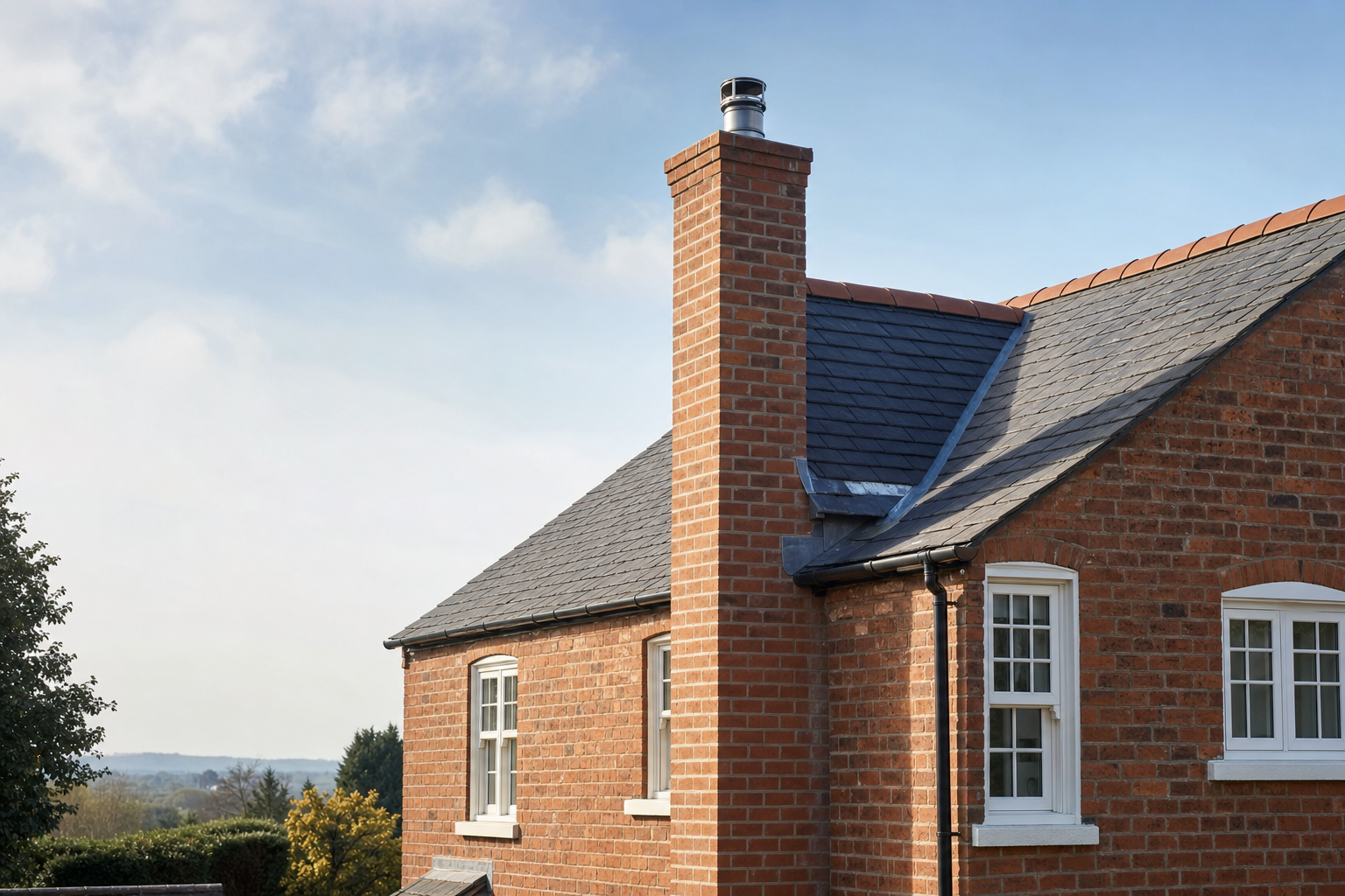 Red brick house with a slate roof and prominent chimney against a clear blue sky.