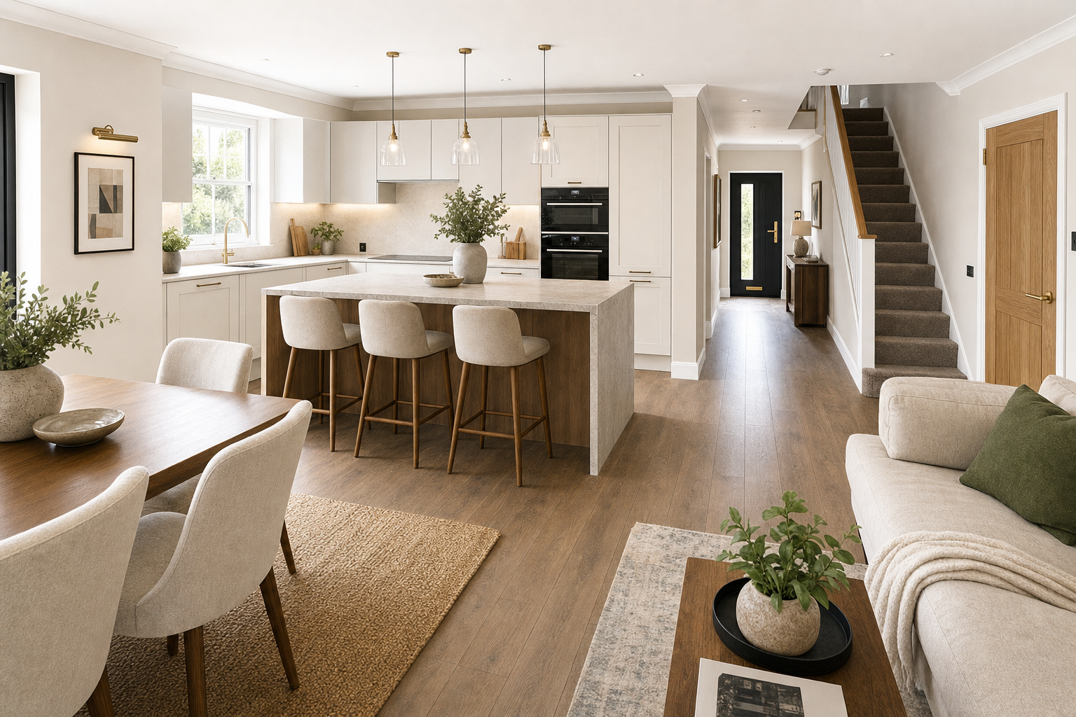 Modern open-plan kitchen and living area with wooden flooring, featuring a central island and staircase leading upstairs.